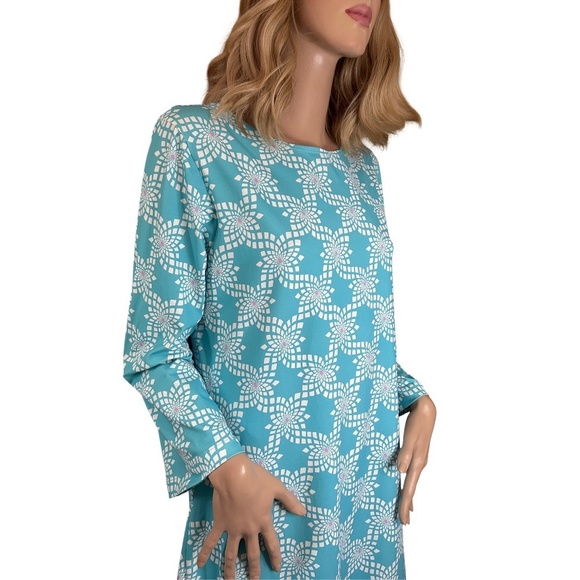 Melly M Dress Pretty Turquoise Pattern Long Sleeve Straight Cut Made in USA NWOT - Picture 4 of 12